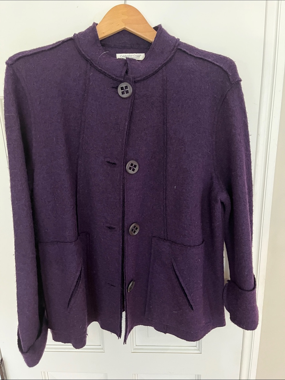 Coldwater Creek Deep Purple Button-Front Wool Pea Coat